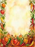 Watercolor illustration of hot peppers and bell peppers with leaves and flames bordering cream textured background, suitable for cooking, recipe cards, menus, and food-related designs.