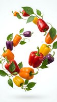 Colorful bell peppers and basil leaves floating in dynamic motion on white background, fresh organic vegetables for healthy cooking and culinary designs.