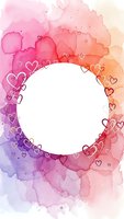 Watercolor heart frame with pink purple orange gradient background and white circle space for text or photos perfect for romantic designs and love themes.