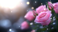 Pink roses with water drops in soft focus against dark background with bokeh lights creating romantic atmosphere. For greeting cards and romantic designs.