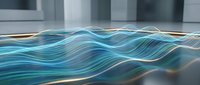 Abstract flowing waves with luminous blue and teal gradients creating dynamic motion effect for modern digital design and technology concepts.
