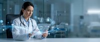 Female doctor using digital tablet with holographic medical interface in modern hospital setting for healthcare technology and telemedicine applications.