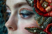 Creative beauty macro portrait with artistic eye makeup and red floral embroidery elements adorning face, perfect for fashion editorials and beauty industry visuals.