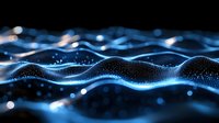 Glowing blue wave particles flow in abstract digital landscape with bokeh light effects and dynamic motion, suitable for technology backgrounds.