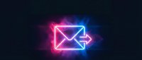 Neon email icon with glowing pink and blue light effects on dark background for digital marketing and communication design projects.
