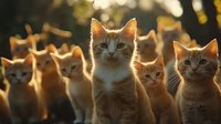 Backlit ginger and white cats sitting in golden sunset light, glowing fur edges creating magical atmosphere with multiple felines looking at camera in outdoor setting.