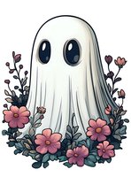 Cute cartoon ghost with big eyes surrounded by pink flowers and dark leaves on white background, isolated illustration for Halloween designs and decorations.