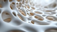 Organic abstract white structure with circular holes and curved surfaces creating a modern minimalist pattern. Soft lighting enhances depth and shadows.