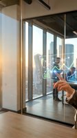Businessman touching holographic financial data visualization interface in modern office with city view background for business analytics and technology concepts.