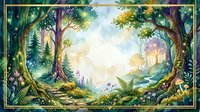 Enchanted forest clearing with magical sunlight streaming through ancient trees, mystical woodland scene with lush greenery and fairy tale atmosphere.