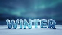 Word WINTER made of ice and snow standing on snowy ground with aurora borealis glowing in blue sky background.
