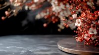 Cherry blossom branches with pink flowers on dark wooden surface against blurred background for spring decoration and botanical design projects.