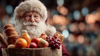 Cheerful Santa Claus with white beard holding wicker basket filled with fresh fruits, bread and holiday groceries against warm bokeh lights background.