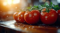Fresh ripe tomatoes with water drops on dark wooden surface in warm sunlight. Macro shot with selective focus and natural bokeh for food photography.