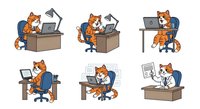 Ginger cat character working at desk with laptop, sitting on office chair in various poses. Isolated cartoon illustration set for business, technology, and workplace design projects.