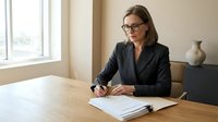 Professional businesswoman in glasses signing documents at modern office desk with natural lighting for corporate presentations.