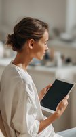 Profile view of young woman with hair in bun wearing white linen shirt, focused on digital tablet in bright kitchen setting, perfect for lifestyle content.