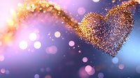 Magical glowing heart shape formed by golden glitter particles floating on blurred purple and blue background with bokeh lights and sparkles.