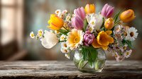 Vibrant spring bouquet with colorful tulips, daisies, and wildflowers in glass vase on wooden surface against soft blurred background.