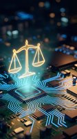 Glowing justice scales hologram emerging from circuit board representing legal technology, AI law, digital ethics and cyber jurisprudence concepts.