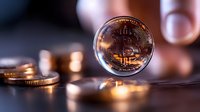 Shiny cryptocurrency coin with bitcoin symbol reflecting golden light on dark surface with blurred coins in background, macro financial concept.