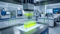 Modern laboratory with automated pipetting system dispensing green samples into test tubes while scientist works at computer workstation.