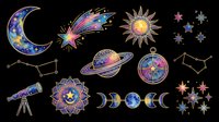 Celestial astronomy icons set with crescent moon, comet, sun, planets, stars, constellations, telescope, compass and moon phases isolated on transparent background. Ready for t-shirt design, clipart, stickers and print-on-demand projects.