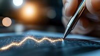 Glowing financial chart line drawn with pen on dark background with bokeh lights, showing market growth analysis and investment trends.