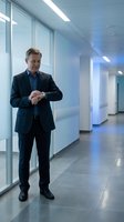 Confident middle-aged Caucasian businessman in dark suit checking time on watch in modern office corridor with glass walls and contemporary lighting.