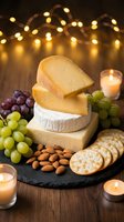 Elegant cheese board with brie, aged wedges, grapes, almonds and crackers on slate, glowing candles and fairy lights for festive entertaining.