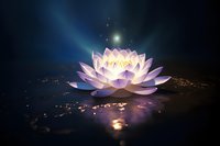 Glowing pink lotus flower on dark water surface with magical light rays and sparkles, creating mystical atmosphere for meditation and spiritual practices.