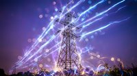 High voltage electrical transmission tower with dramatic lightning bolts and energy effects against purple night sky for power industry concepts.