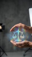 Mature male hands holding glowing neon scales of justice symbol with rainbow light effect against blurred gray background, representing legal services, law, fairness, and ethical business practices.