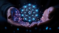 Hands holding glowing blue network sphere with connected nodes and light particles representing digital technology, artificial intelligence and data connectivity.