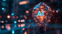 Glowing light bulb with AI text and digital circuit patterns against blurred bokeh background in neon blue and orange colors. Modern technology concept.