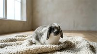 Adorable young rabbit with black and white fur sitting on woven carpet in bright room with natural light from window, suitable for pet care and animal content.