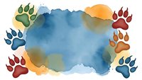 Watercolor paw prints border frame with blue center space for text. Colorful animal footprints in orange, green, brown tones. Pet care design element.