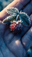 Frost-covered wild berry with frozen leaves held in open palm, showcasing winter nature details and seasonal cold weather conditions.