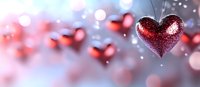 Sparkling red heart ornaments with glitter texture floating against soft pink and gray bokeh background, romantic holiday decoration for Valentine's Day celebration.