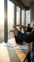 Business executive gesturing during corporate meeting in modern office with large windows and natural sunlight streaming through glass panels.
