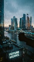 Modern city skyline viewed through rain-covered window with water droplets creating atmospheric urban scene during evening twilight hours.