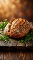 Freshly baked artisan sourdough bread loaf with golden crust on rustic wooden cutting board garnished with fresh parsley herbs in warm kitchen lighting.