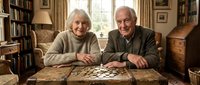 Senior Caucasian couple enjoying board game together in cozy home library setting. Elderly man and woman playing checkers at wooden table surrounded by books.