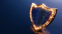 Glowing golden shield with sparkles on dark blue background symbolizes protection, security and defense in digital or physical space.