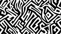Abstract geometric maze pattern in black and white with angular lines, zigzags and shapes creating dynamic optical illusion effect. Seamless repeat design for modern surface prints.
