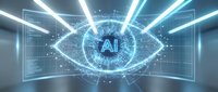Futuristic digital eye with AI text surrounded by glowing data streams and holographic interface elements on dark technological background for innovation concepts.