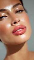 Close-up portrait of Asian woman with glowing dewy skin, glossy coral lips, and natural makeup showing radiant complexion and flawless beauty look.