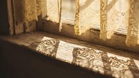 Warm sunlight filtering through delicate lace curtains casting intricate shadow patterns on wooden windowsill creating cozy vintage home atmosphere.