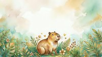 Capybara surrounded by lush green foliage and wildflowers in watercolor style, isolated on white background for children's book illustrations, nursery decor, and design projects.
