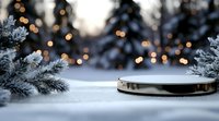 Winter holiday product display platform with snow-covered evergreen branches and warm bokeh lights creating festive Christmas atmosphere for seasonal marketing.